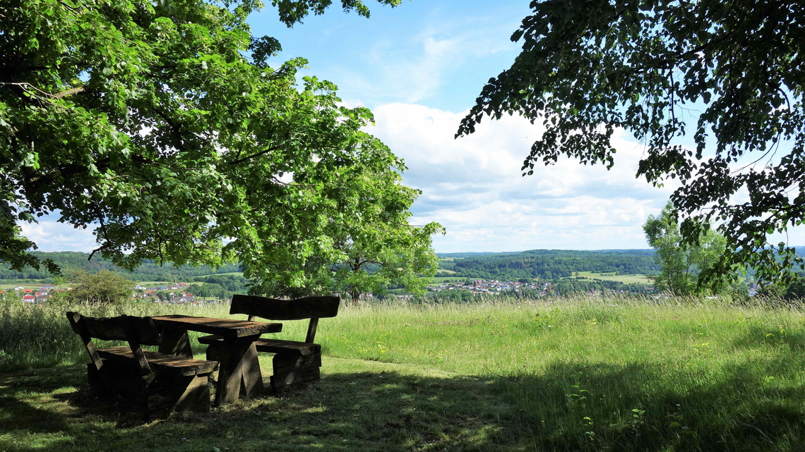 Holzbank und Holztisch unter Bäumen mit Blick auf eine offene Landschaft und einen Ort im Hintergrund am Rastplatz an der Kapelle in Betzenrod.