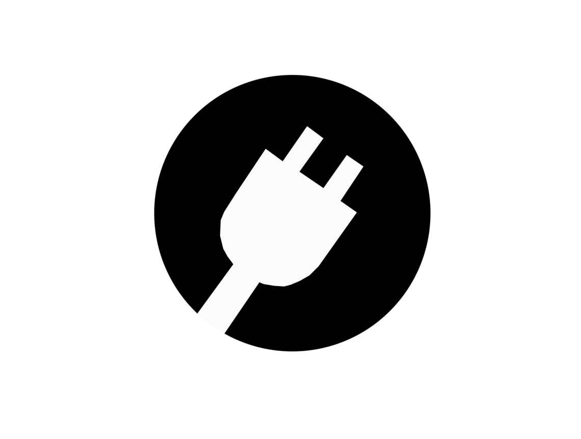Weißes Symbol eines elektrischen Steckers auf schwarzem Hintergrund.