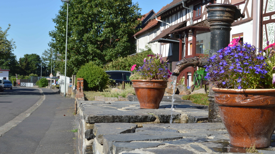 Straßenszene in Götzen mit Fachwerkhäusern, Steinmauer mit zwei Blumentöpfen und einem Wasserbrunnen im Vordergrund.