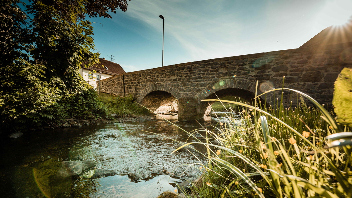 Alte steinerne Nidderbrücke mit drei Bögen über einen flachen Fluss, umgeben von grüner Vegetation.