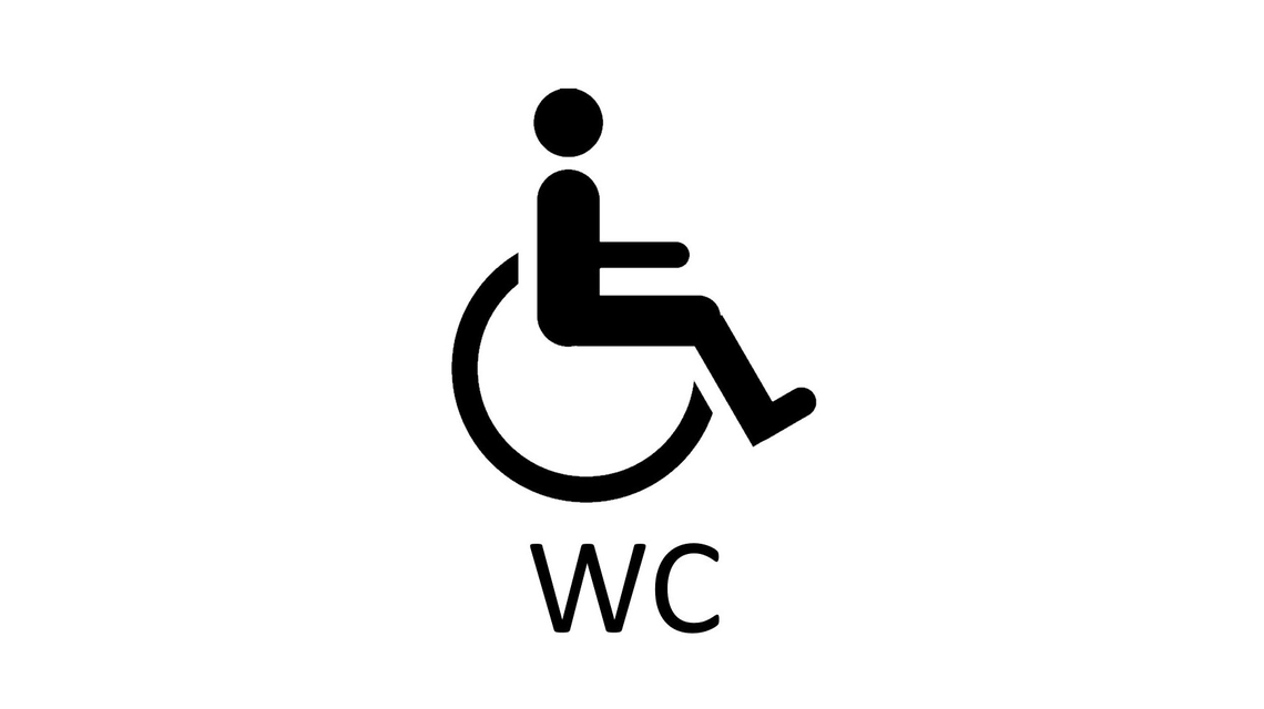 Schwarz-weißes Piktogramm eines Rollstuhlfahrers mit der Beschriftung 'WC' darunter.