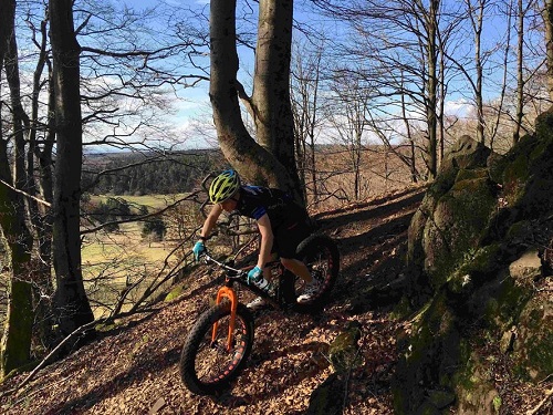 Mountainbiker mit Helm fährt auf einem schmalen Waldpfad zwischen Bäumen und Felsen bergab.