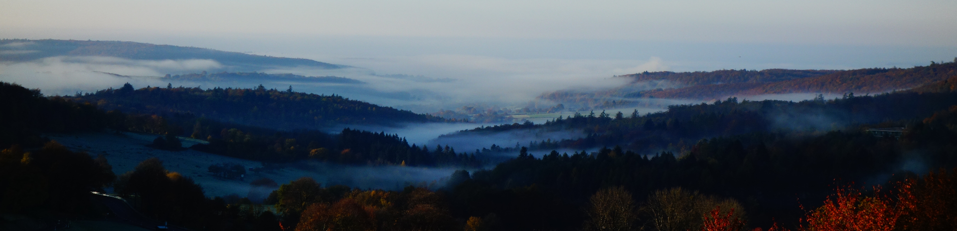 Landschaft mit bewaldeten Hügeln und Nebel in den Tälern unter blauem Himmel.