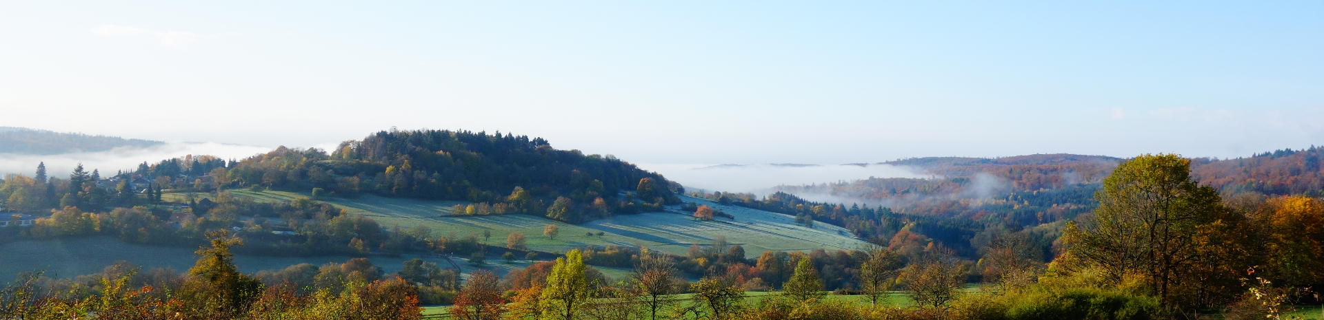 Landschaft mit Hügeln, Bäumen und Nebel in der Ferne unter blauem Himmel.
